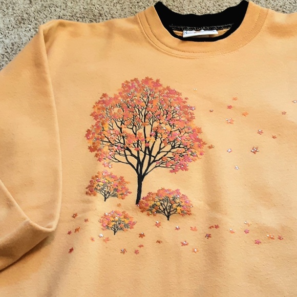 Golden Autumn Sweatshirt with Glittery Rose Gold Fall Tree Design Sz S - Picture 10 of 11